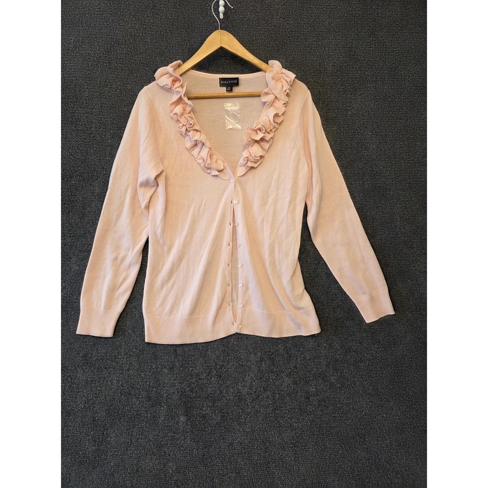 Dialogue Cardigan Sweater Womens Medium Pink Ruffle Neck Button Front Knit Sheer